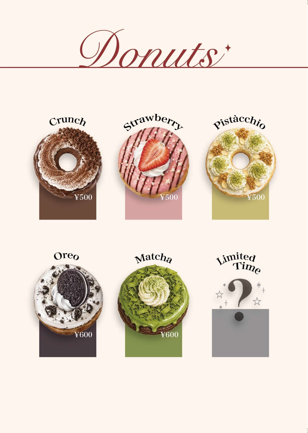 Cafe TENET 看板ドーナツ — Crunch/Strawberry/Pistacchio ¥500・Oreo/Matcha ¥600・期間限定フレーバーあり